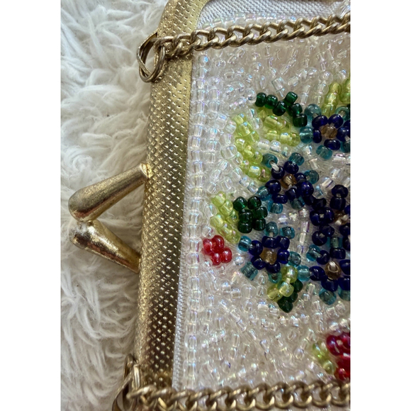 Vintage Floral Hand Beaded Fringe Chain Strap Tiny Seed Evening Purse Flapper - Picture 11 of 16